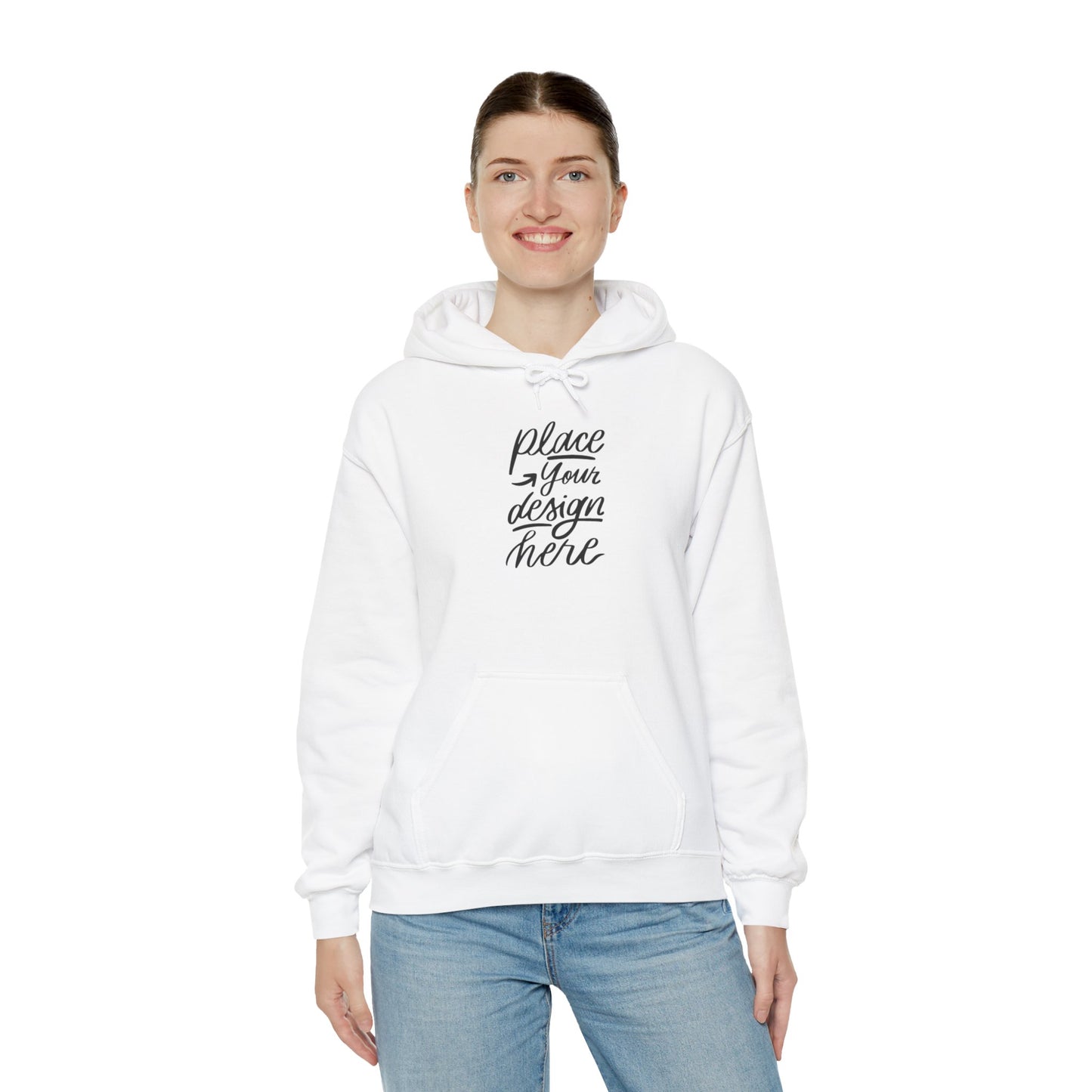 White Custom Hoodie — 'Place Your Design Here' Mockup Pullover